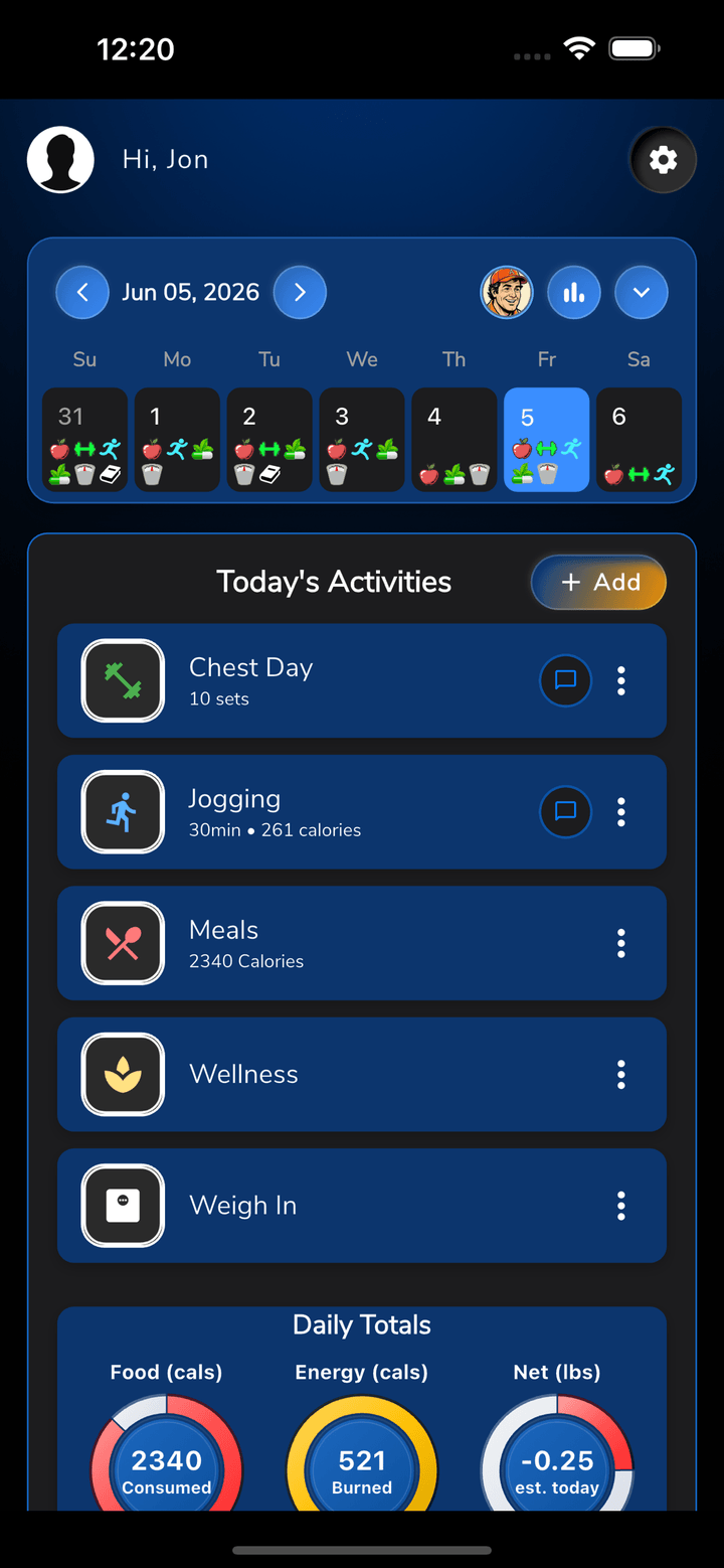 CrossTrainer home dashboard and calendar screenshot