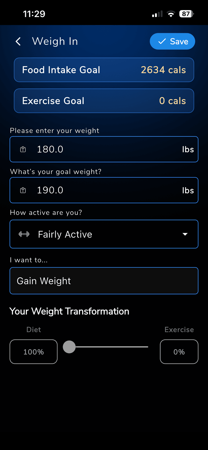 CrossTrainer weigh-in and weight goal screen