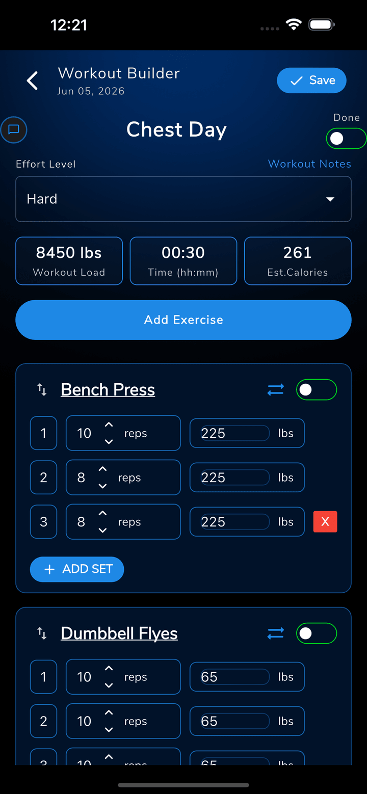 CrossTrainer workout builder screen